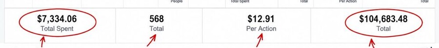 $7,334 spent. $104,683 returned. The totals straight from the ad account.
